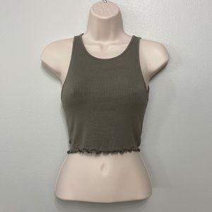 American Eagle Olive Ribbed Ruffle Hem Crop Top XS